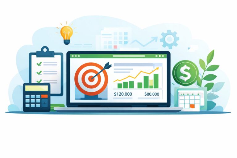 QuickBooks Online dashboard showing targets, charts, and goal tracking
