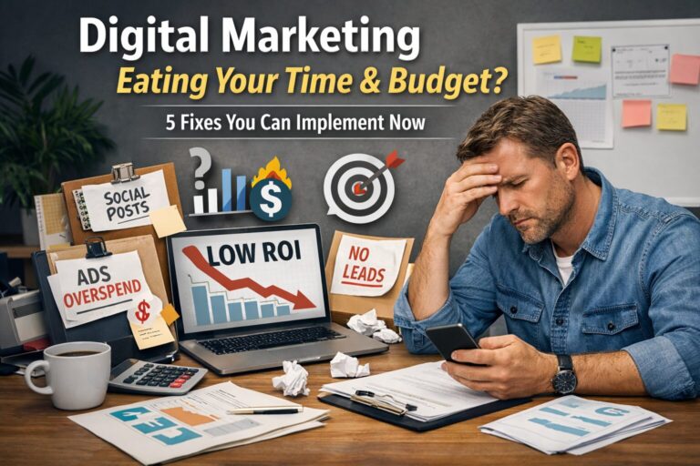 Overwhelmed small business owner reviewing low-ROI digital marketing results, wasted ad spend, and missed leads at a cluttered desk